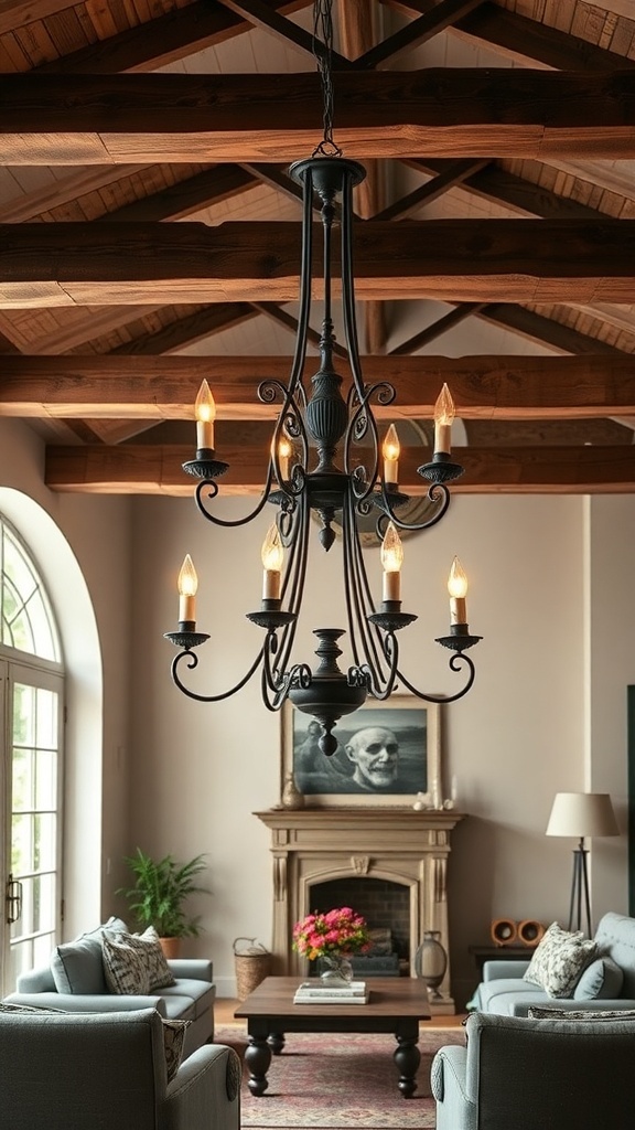 A rustic antique-inspired chandelier hanging in a cozy living room with wooden beams and comfortable seating.