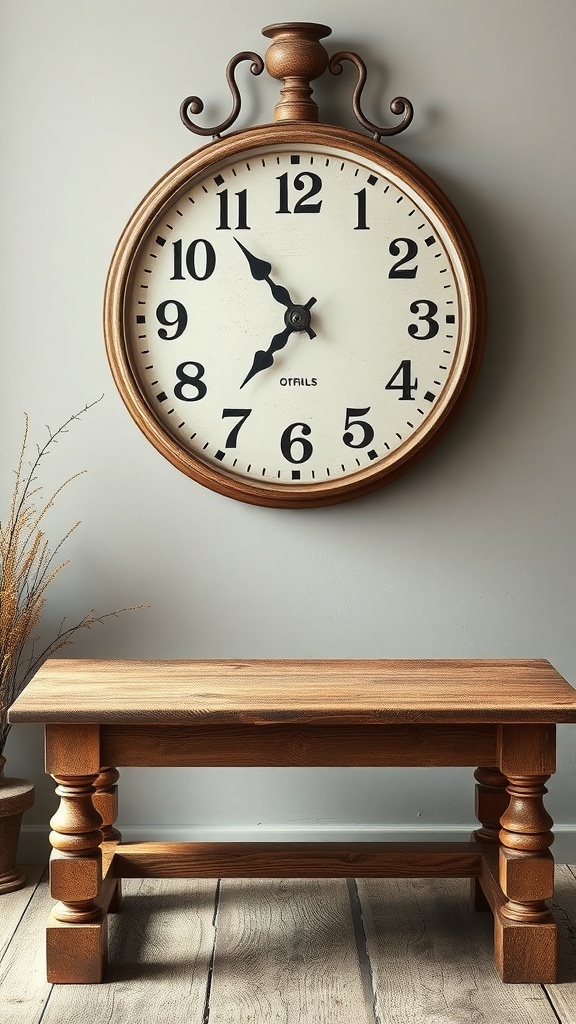 A large antique-style clock on a wall above a wooden table.