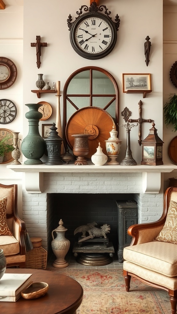 A cozy farmhouse living room featuring antique decor like clocks, vases, and a fireplace.
