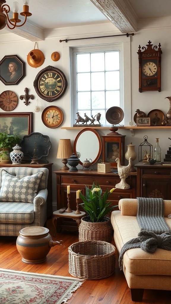 A cozy English cottage living room with antique accessories and collectibles.