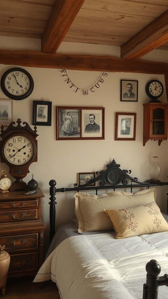A rustic farmhouse bedroom featuring antique clocks, vintage photographs, and wooden furniture.