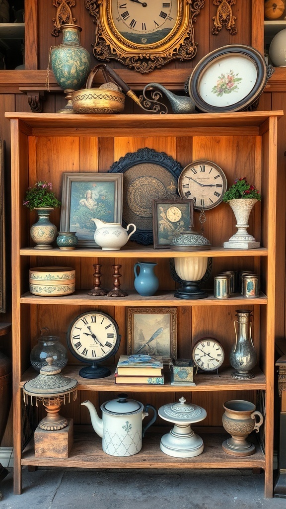 A wooden shelf displaying various antique and vintage items including clocks, vases, and books.