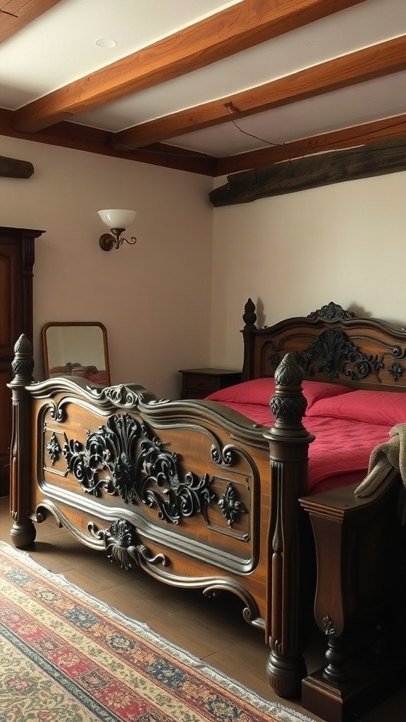 A beautifully crafted antique bed frame with intricate designs and a cozy red bedding.