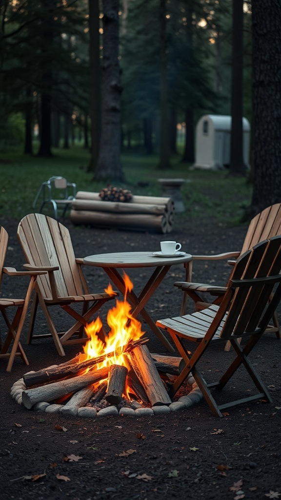 A cozy campfire scene with wooden chairs and a table, surrounded by trees.