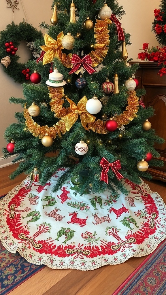 A vintage Christmas tree skirt featuring colorful animal designs and floral patterns.