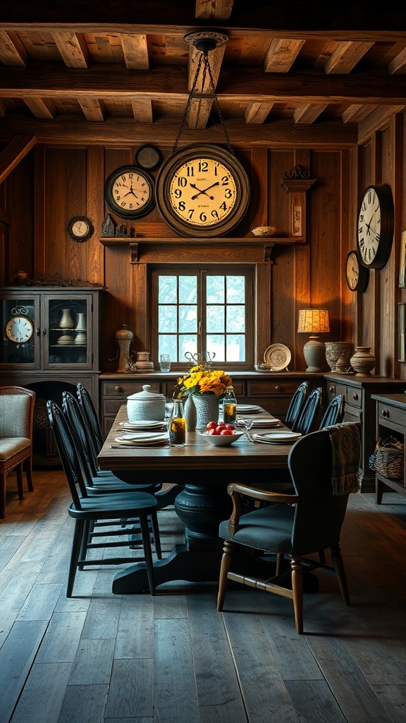 A rustic dining room featuring antique clocks, vintage signs, and wooden furniture.
