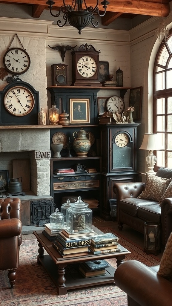 A rustic living room featuring antique clocks, vintage books, and classic artwork.
