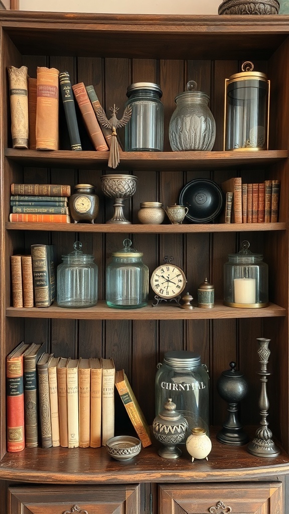 A wooden shelf filled with antique books, decorative jars, and vintage clocks.