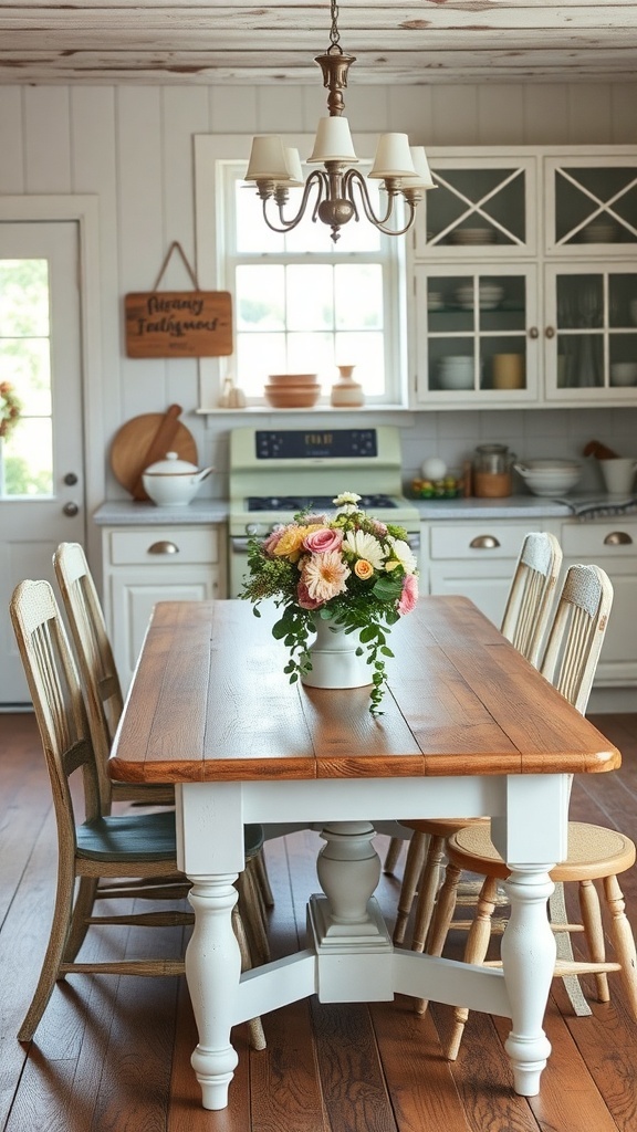 A rustic antique dining table set with a flower vase in a country farmhouse kitchen.