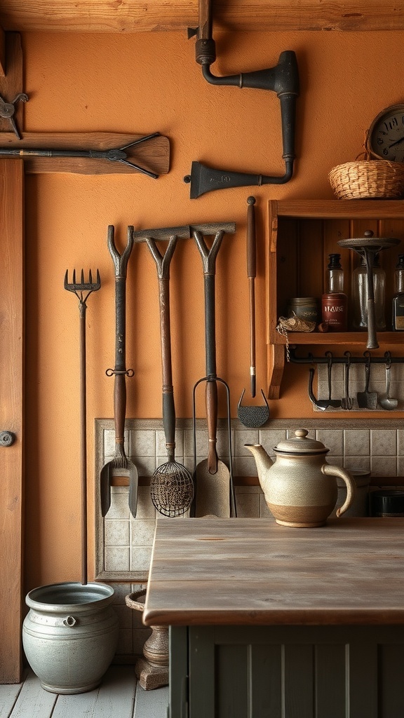 Rustic kitchen decor featuring antique farm tools on the wall.