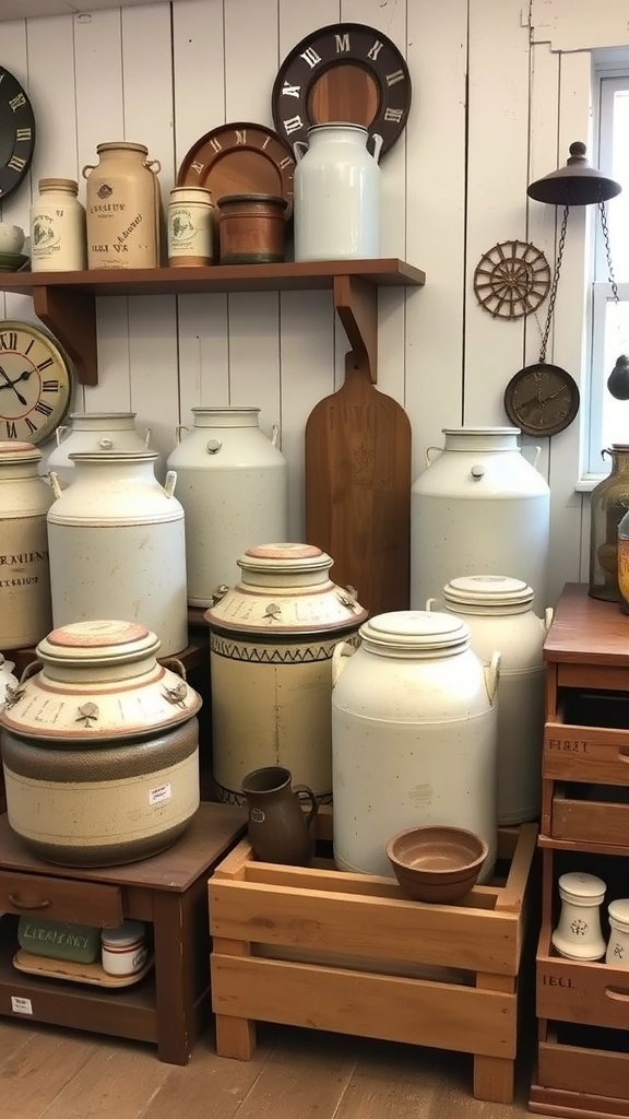 A collection of vintage farmhouse decor items including jars, wooden utensils, and crates.