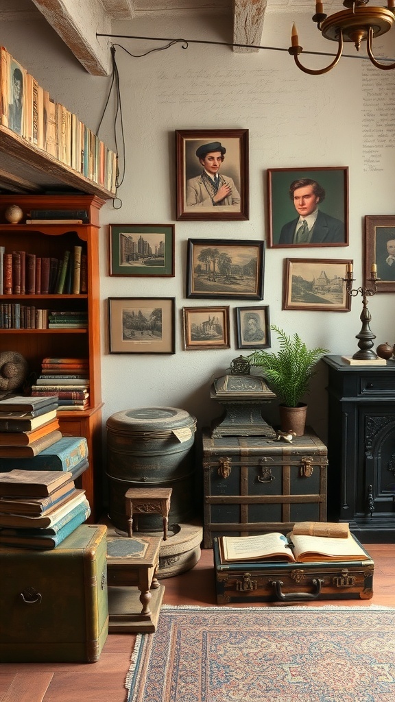 A cozy rustic apartment with antique decor, featuring vintage books, trunks, and framed portraits.