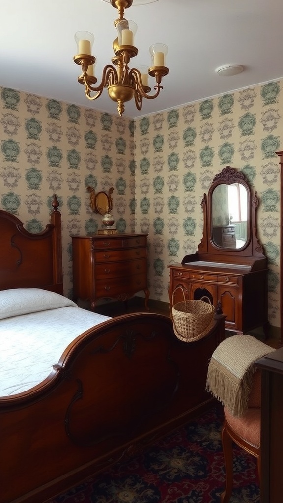 A vintage bedroom featuring antique wooden furniture, a chandelier, and patterned wallpaper.