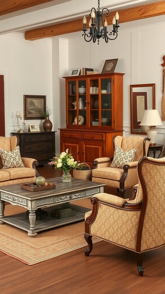 A vintage farmhouse living room featuring antique furniture, including a wooden coffee table and upholstered chairs.