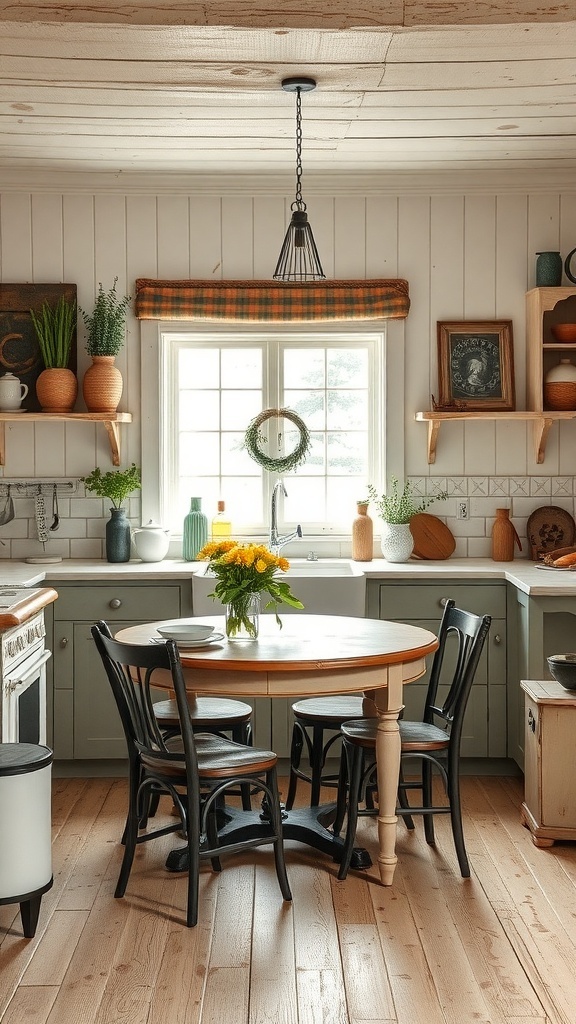 A vintage farmhouse kitchen featuring a round wooden table, black chairs, and rustic decor.