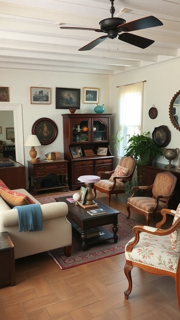 A vintage cottage living room featuring antique furniture, warm colors, and natural light.