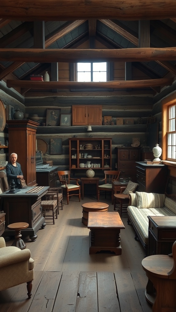 Interior of a rustic cabin featuring antique furniture and wooden beams.