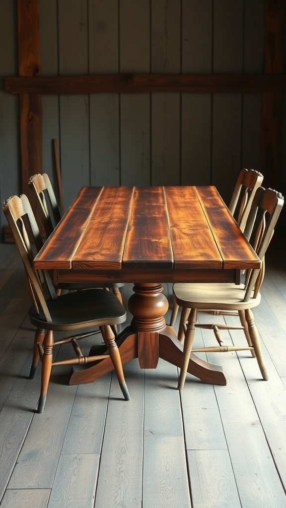 A rustic wooden table with a warm finish surrounded by wooden chairs in a farmhouse setting.