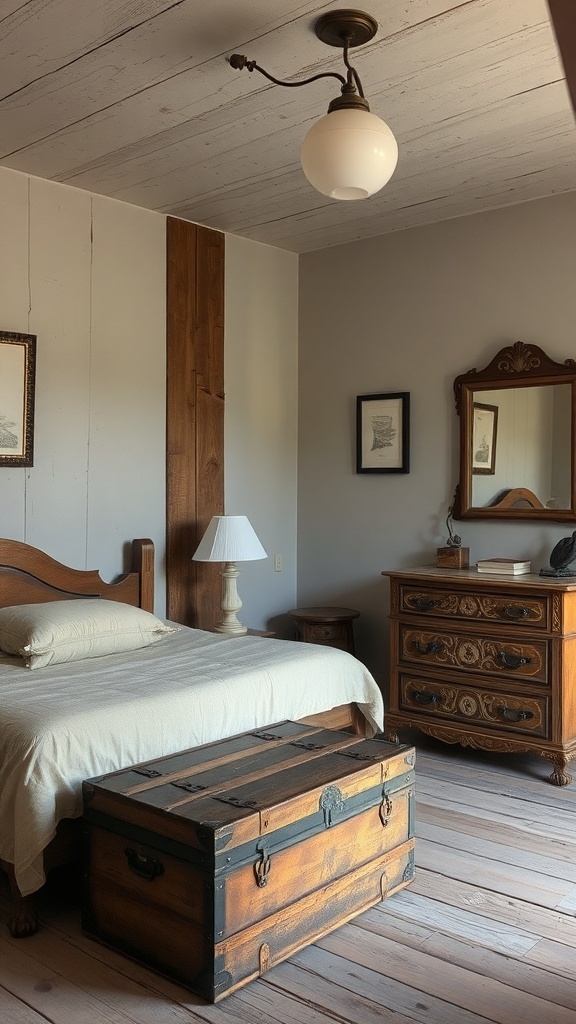 A rustic bedroom featuring antique furniture, including a vintage trunk, a wooden bed, and a classic dresser.