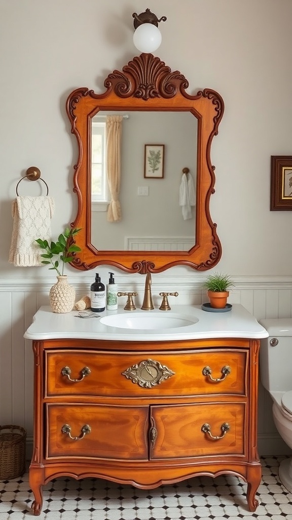 Rustic bathroom vanity made from antique furniture with a mirror and plants.