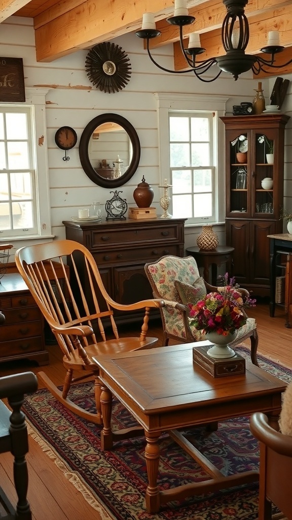 Cozy living room featuring antique furniture, including a rocking chair and wooden table.