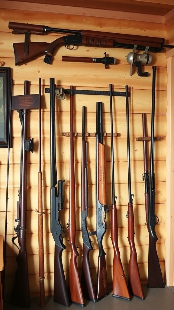 A collection of vintage hunting rifles and fishing gear displayed on a wooden wall.