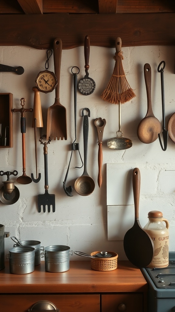 A collection of antique kitchen tools hanging on a wall in a rustic farmhouse kitchen.