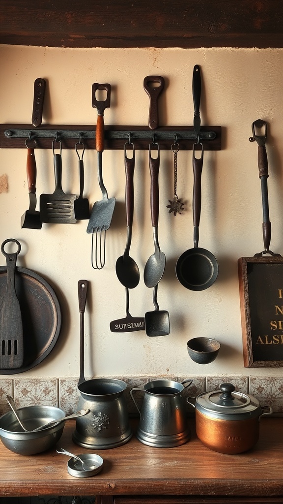 A collection of antique kitchen tools hanging on a wall.