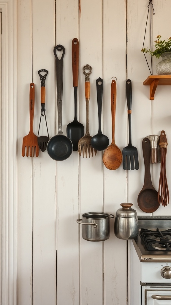 A collection of antique kitchen utensils hanging on a wall.