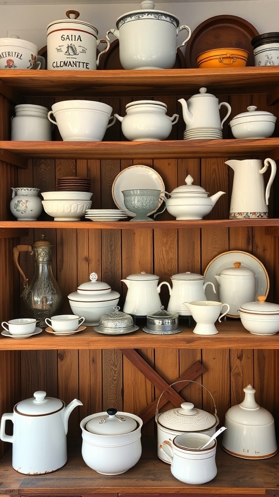 A wooden shelf filled with various antique kitchenware including teapots, jars, and dishes.
