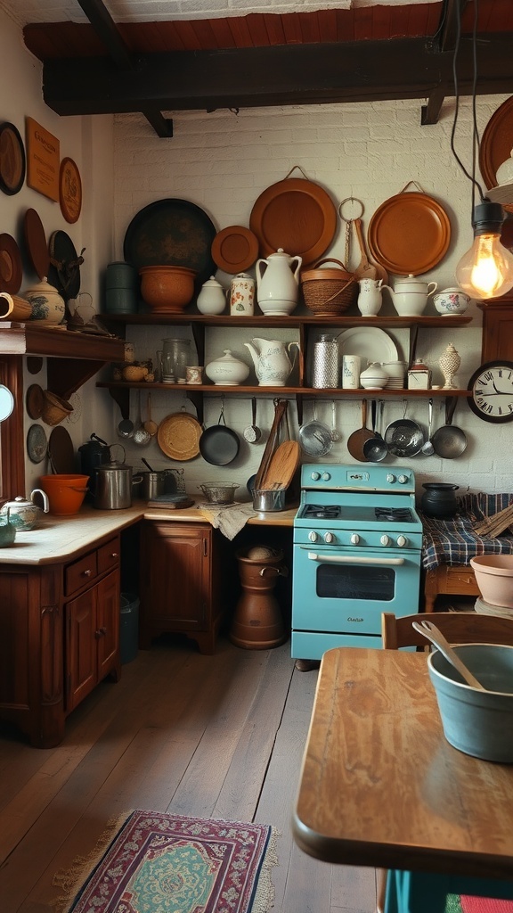 A rustic kitchen with antique kitchenware displayed on shelves, featuring vintage pots and plates.
