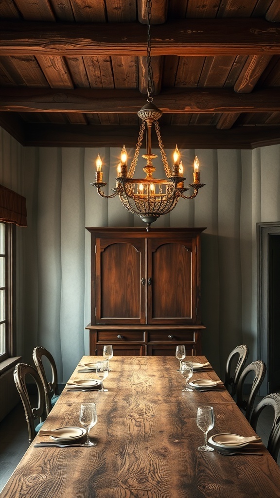 A rustic dining area featuring a wooden table, elegant chairs, and an antique chandelier.
