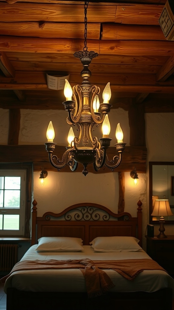 A rustic bedroom featuring an antique chandelier and warm lighting.