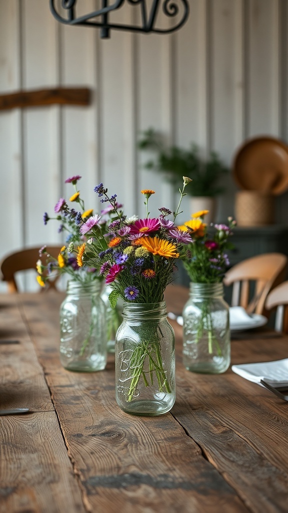 A rustic table set with antique mason jars filled with colorful flowers.