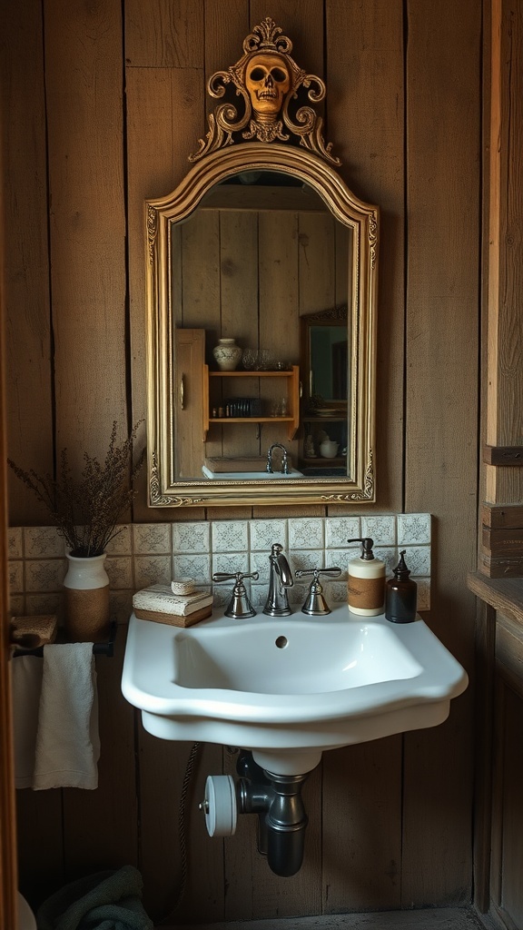 Rustic bathroom with an antique mirror featuring a skull design above a sink.