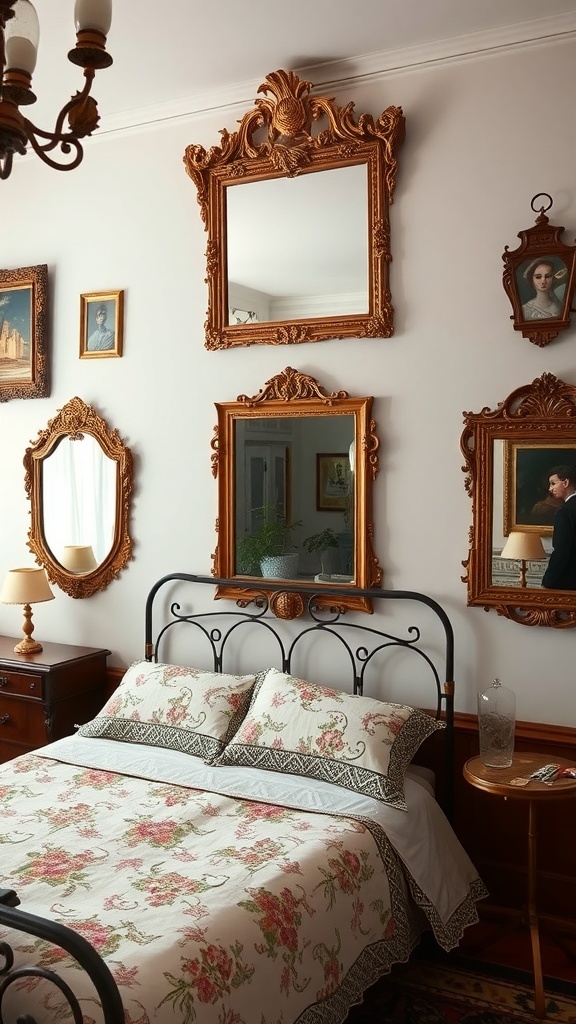 A vintage bedroom featuring ornate antique mirrors and frames on the wall.