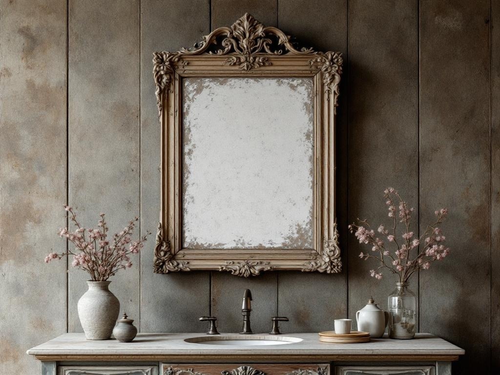 A rustic bathroom featuring an ornate antique mirror with a detailed frame, a vase of flowers, and a simple sink setup.