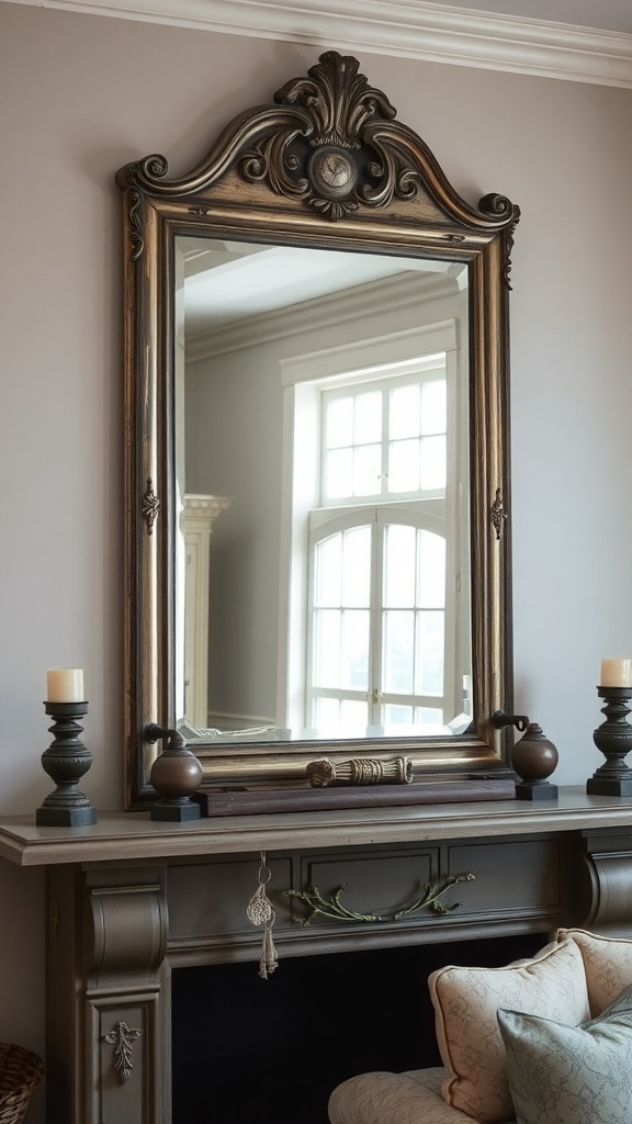 Antique mirror above a fireplace in a farmhouse living room.
