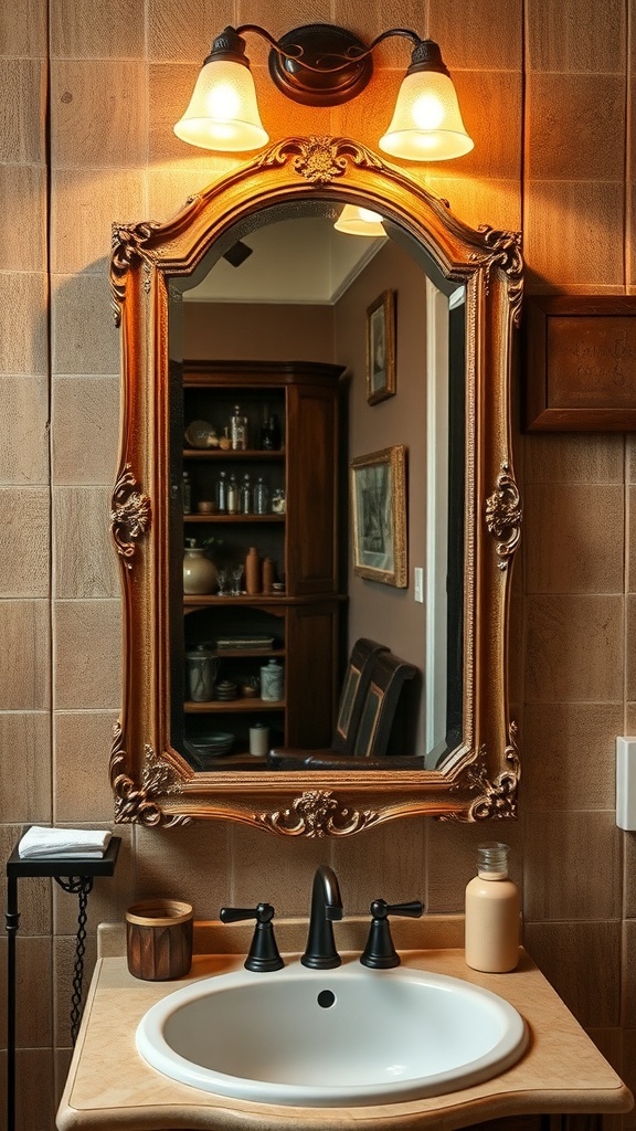 A rustic farmhouse bathroom featuring an antique mirror with ornate framing.