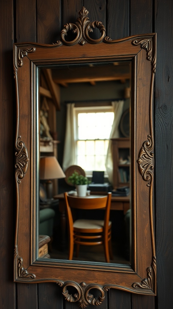 A vintage-style ornate mirror reflecting a cozy room with wooden walls.