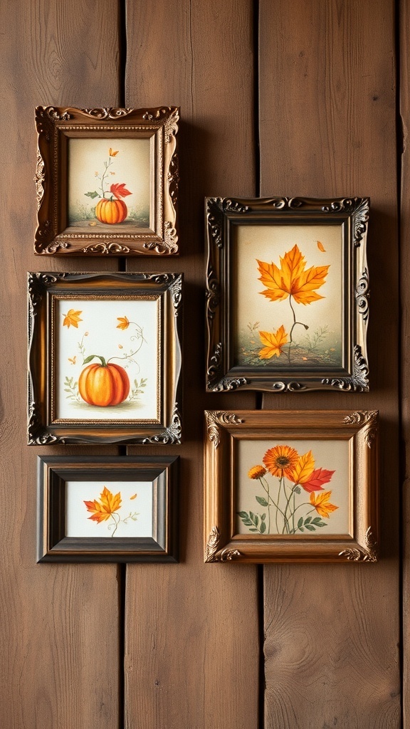 Antique picture frames displaying fall-themed art, including pumpkins and leaves, on a wooden wall.