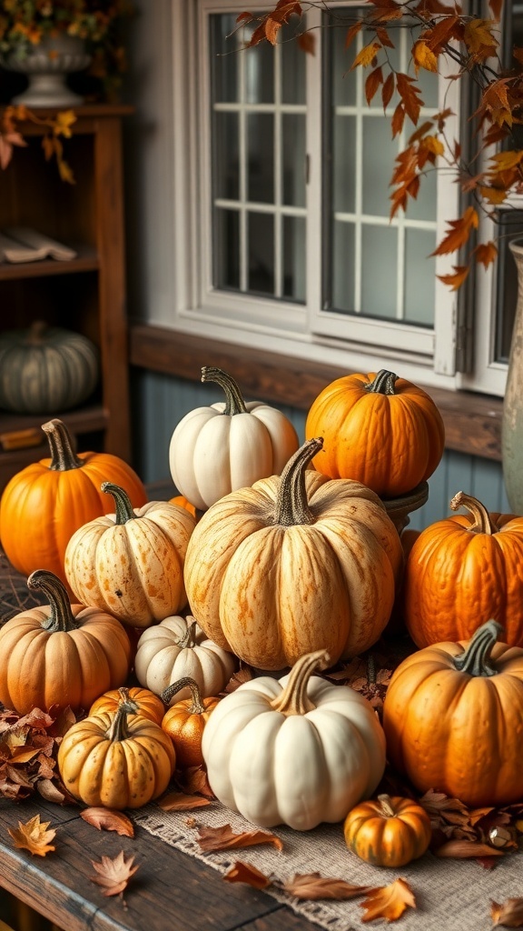 A collection of antique pumpkins in various sizes and colors displayed on a rustic table with autumn leaves.
