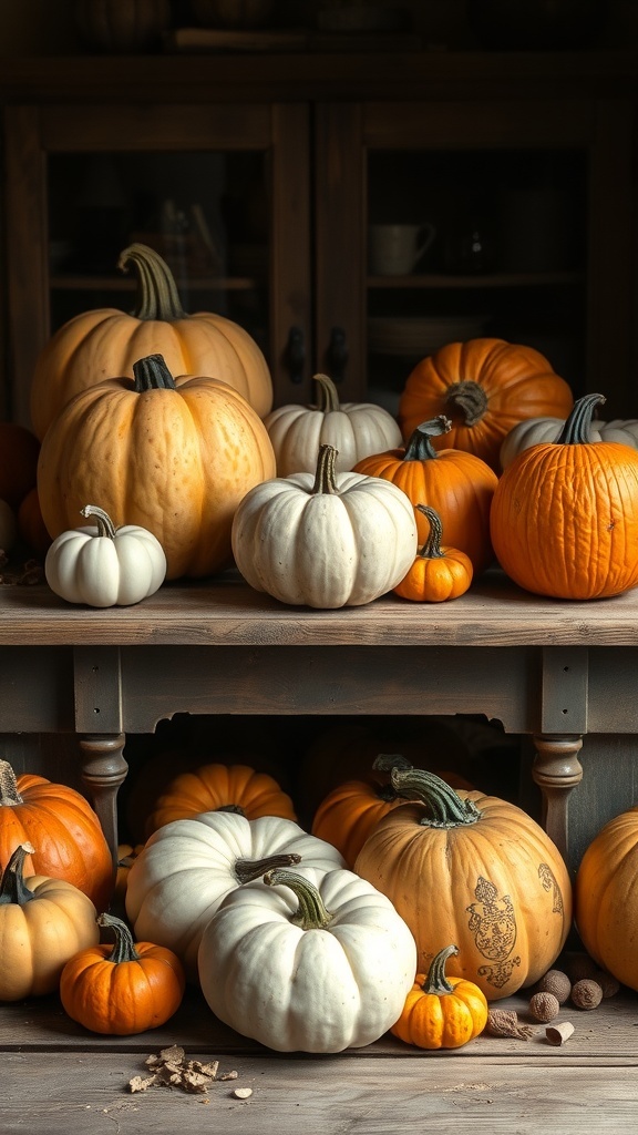 A collection of antique pumpkins and gourds in various colors and sizes on a rustic wooden shelf.