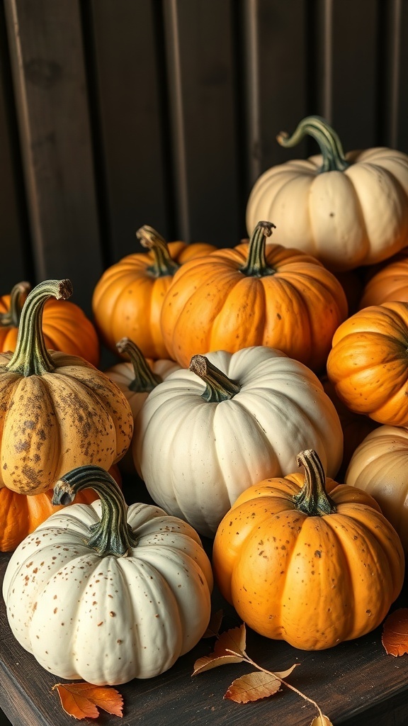 A collection of antique pumpkins in various shades of orange and white, showcasing rustic charm.