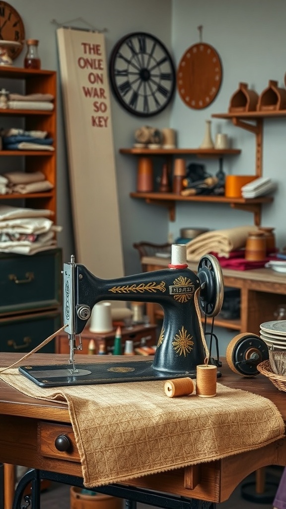 An antique sewing machine on a wooden table surrounded by craft supplies in a vintage craft room.
