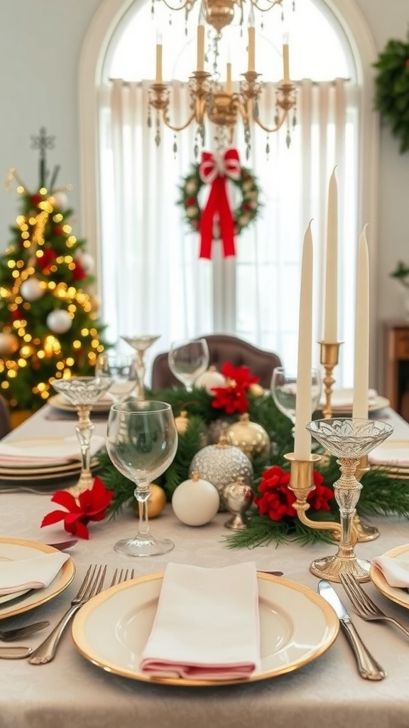 A beautifully set dining table with antique silverware, festive decorations, and a Christmas tree in the background.