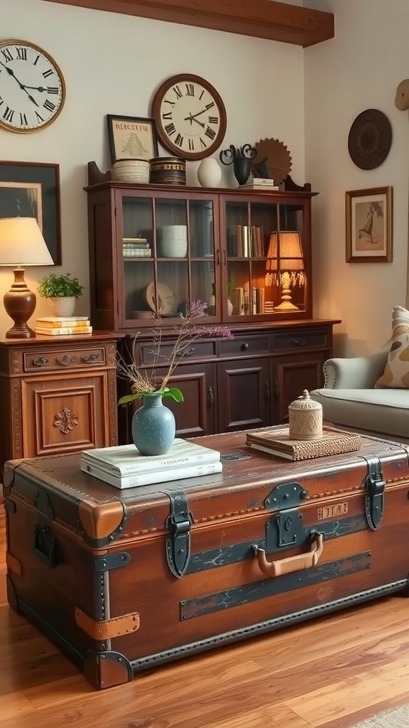 A rustic vintage decor scene featuring an antique trunk used as a coffee table.