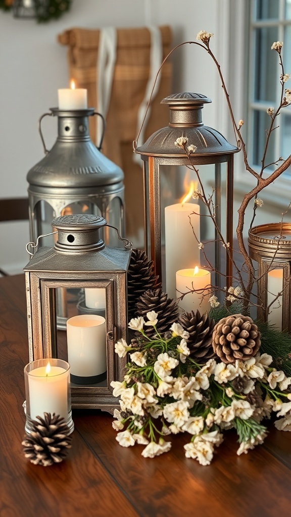 A collection of vintage lanterns, candles, pinecones, and soft florals arranged on a wooden table.