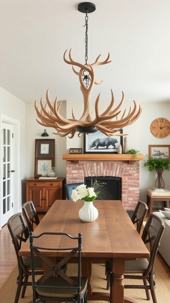 A stylish antler chandelier hanging above a wooden dining table in a farmhouse living room.
