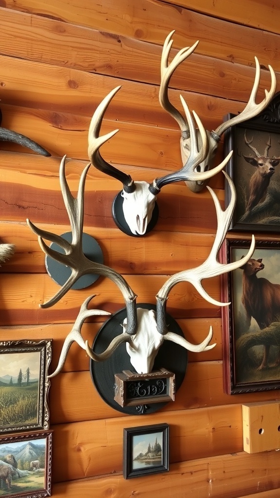 Decorative antlers and horns mounted on a wooden wall